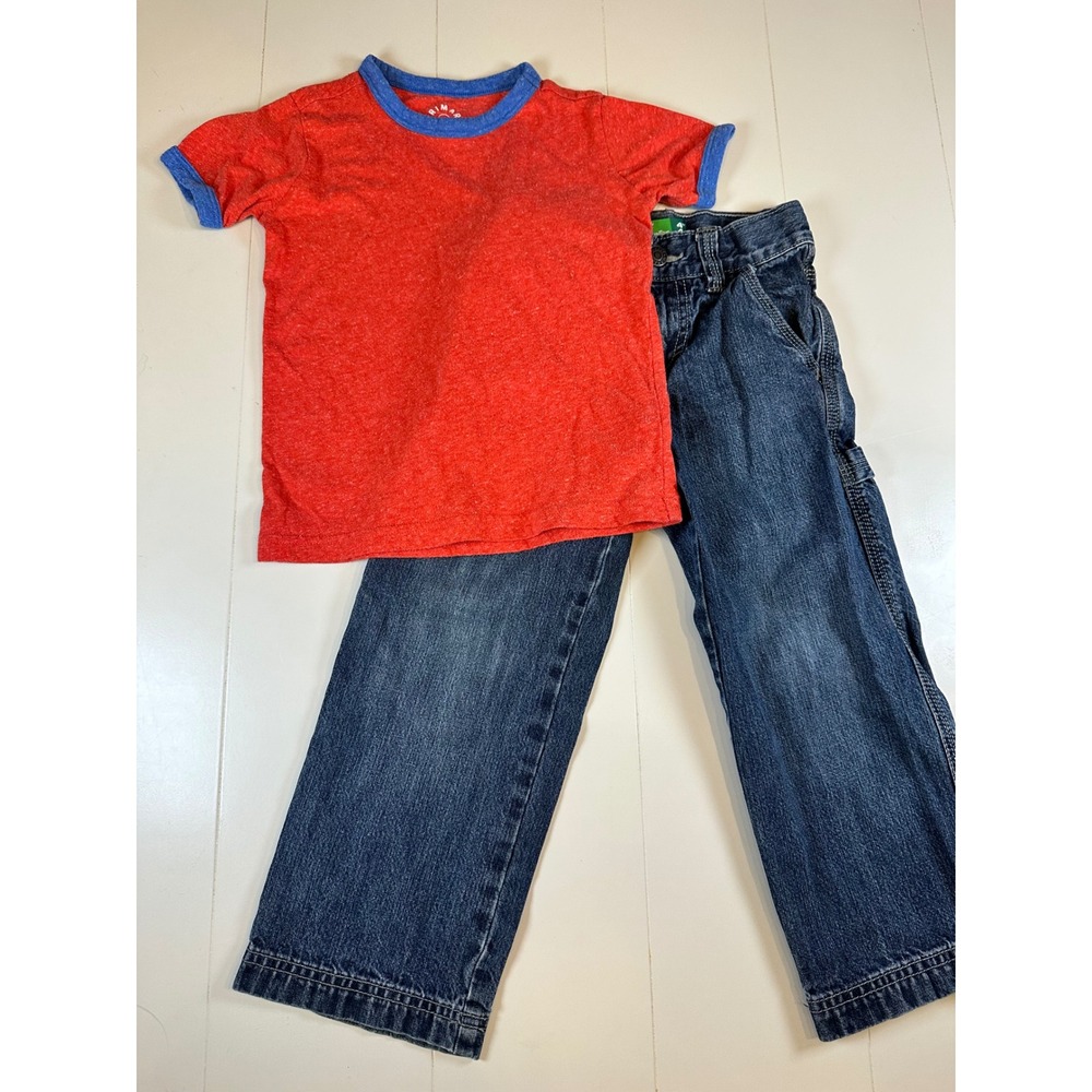 Old Navy Primary Jeans T-Shirt Set Kids 4T Red Blue Painter Carpenter Stonewash